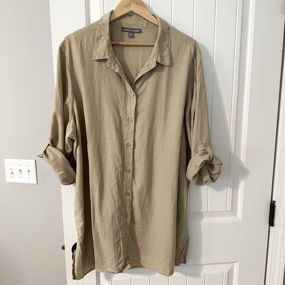 Jessica London Plus Size Linen Rayon Blend Tunic Button Shirt Size 26W Khaki